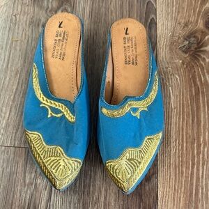 Blue & Gold Embroidered Pointed Mule - Women Shoes